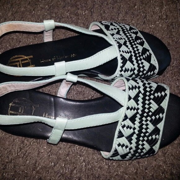 HOUSE OF HARLOW 1960-Braided Pattern Leather Wedge-Pale Green/Black-Sz 36-EUC - Picture 6 of 7
